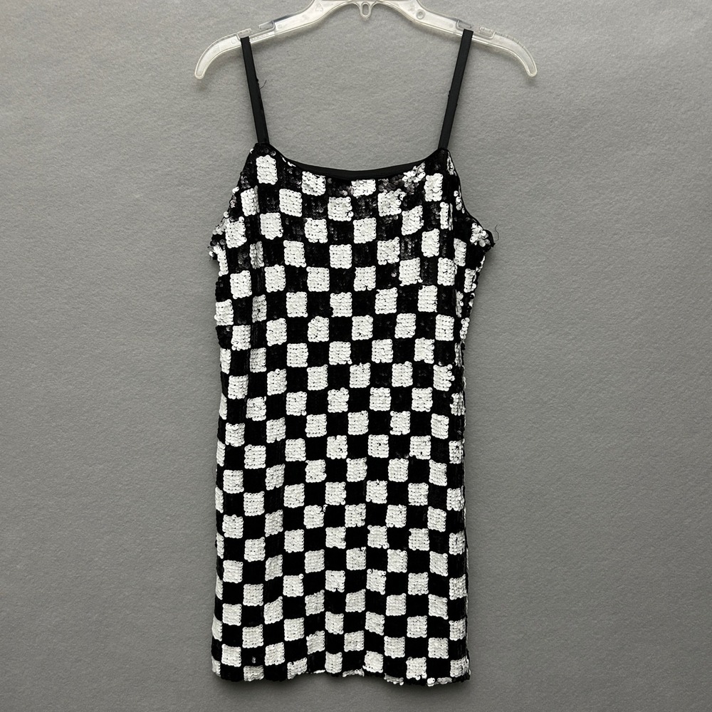 NWT Lily Rose Dress Women's M Sequined Black & White Checkered 90s Y2K Mini Twee
